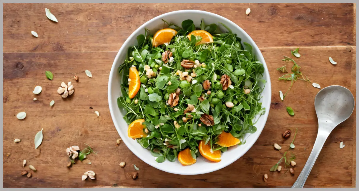 Overhead shot of a vibrant orange, fennel and pea shoot salad with walnuts, dewdrops on greens, golden toasted walnuts, citrus zest glistening in soft daylight.