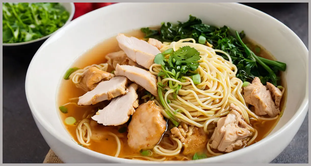 An intimate close-up of Chinese chicken with noodles in a ceramic bowl, highlighting chewy noodles, juicy chicken, and fresh greens under warm studio light. Chinese chicken with noodles