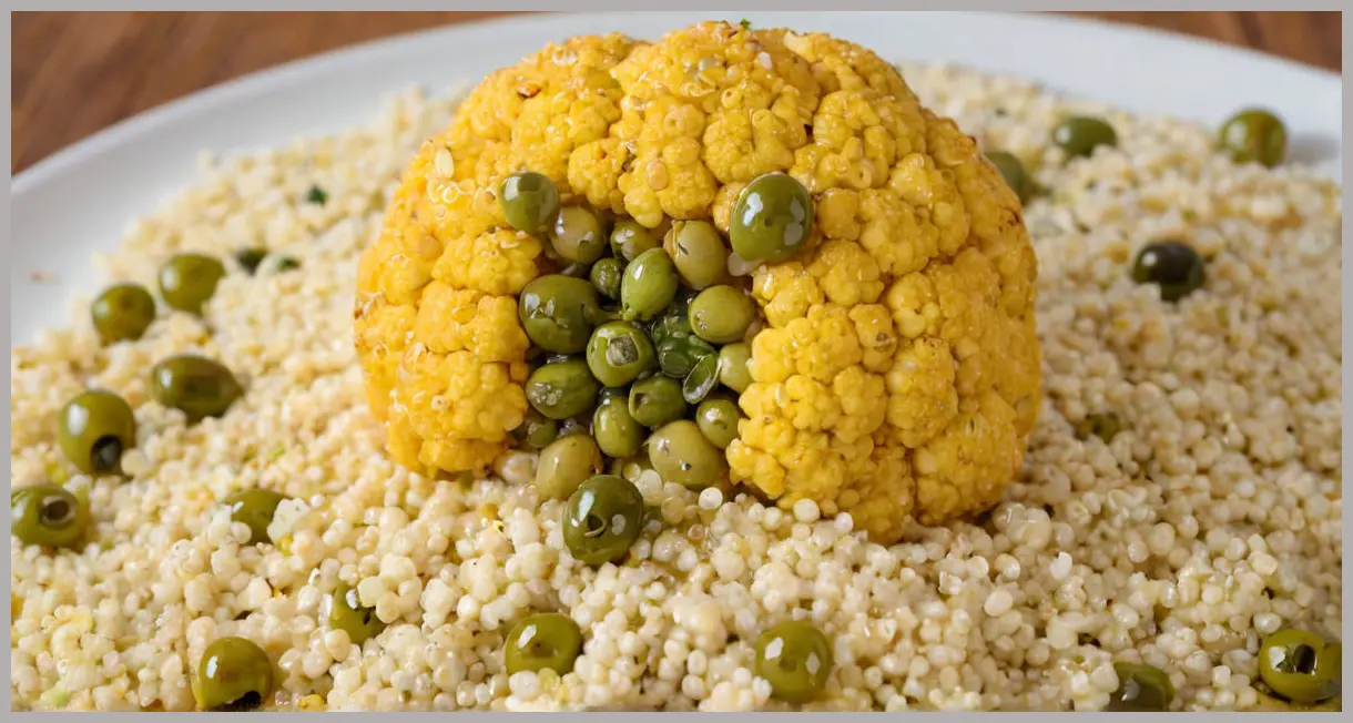 A macro shot of a caramelized cauliflower floret on giant couscous, olives, and preserved lemon, glistening under soft light. Cauliflower with olives, preserved lemons and giant couscous