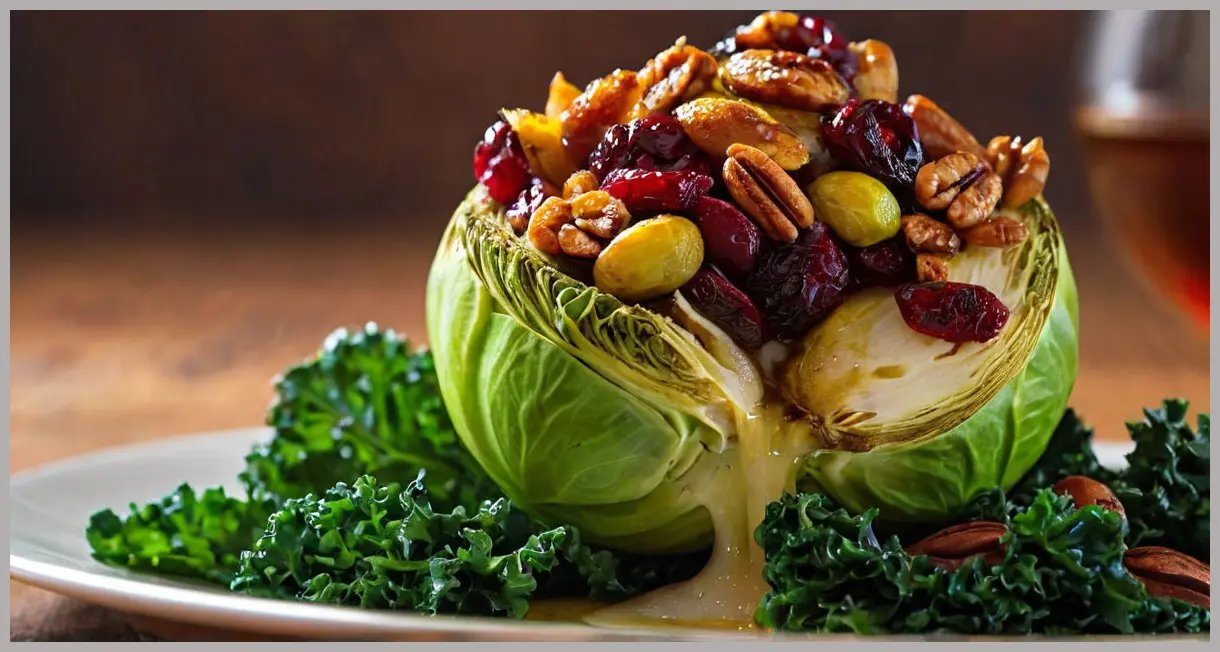 Macro shot of a halved roasted Brussels sprout with cranberries, kale, and pecans in moody evening light. Roast sprouts, cranberries and kale