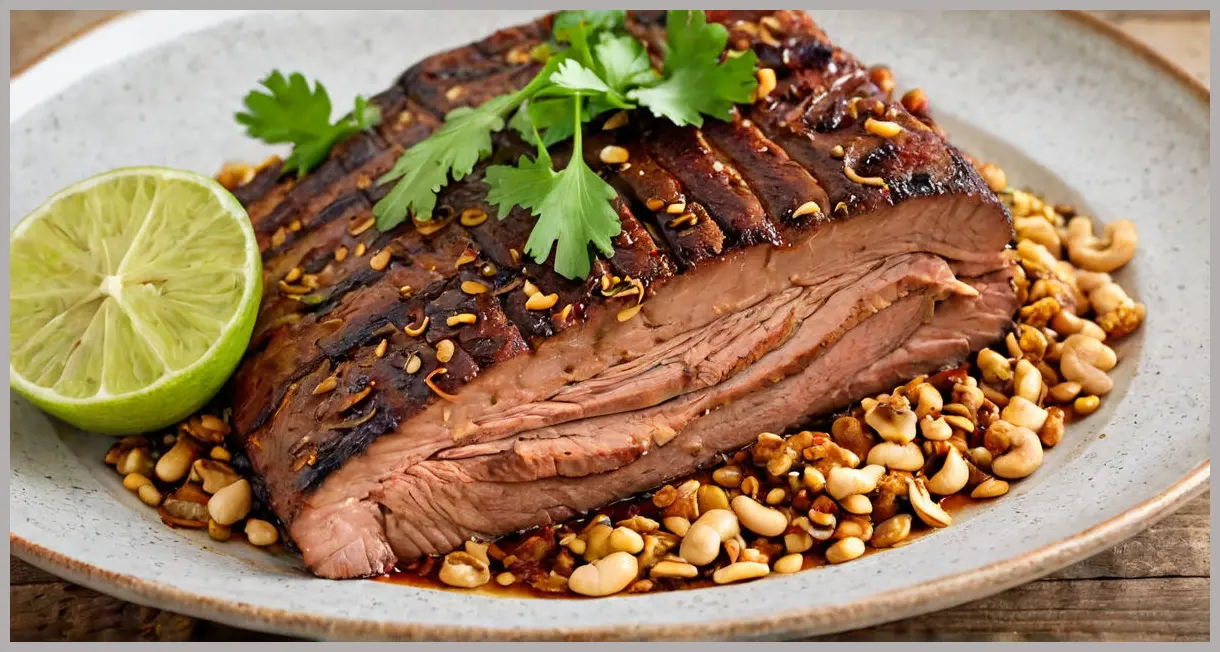 Close-up of tender sliced spiced brisket with chilli, lime, peanut and coriander, caramelized edges, and vibrant toppings on a rustic platter.