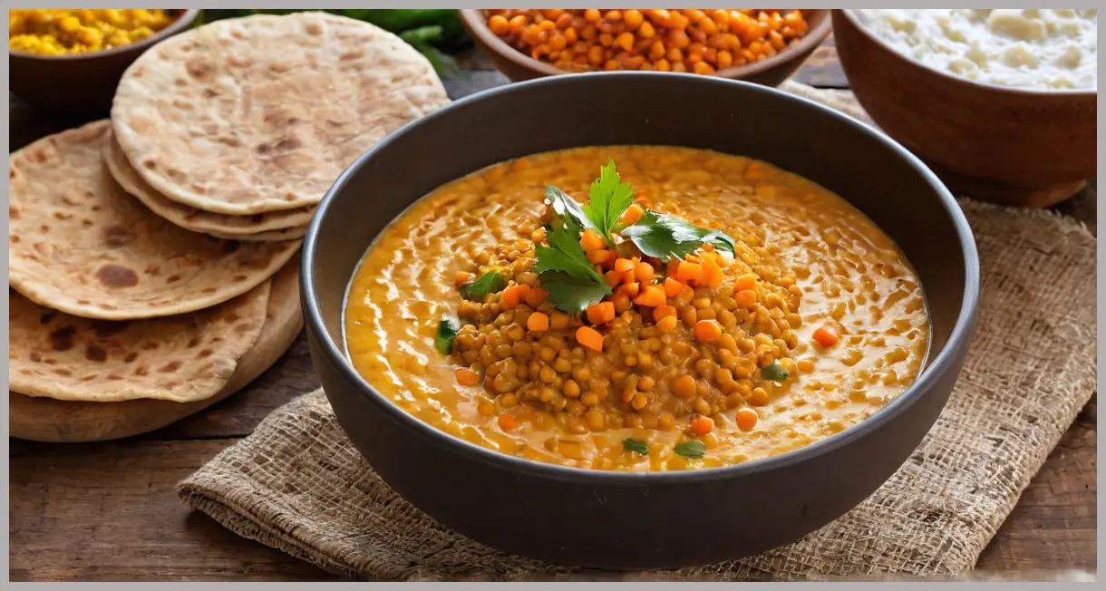 Top-down view of a wooden table with a steaming bowl of coconut dhal and three stacked chapatis, golden hour glow. Coconut dhal and chapatis