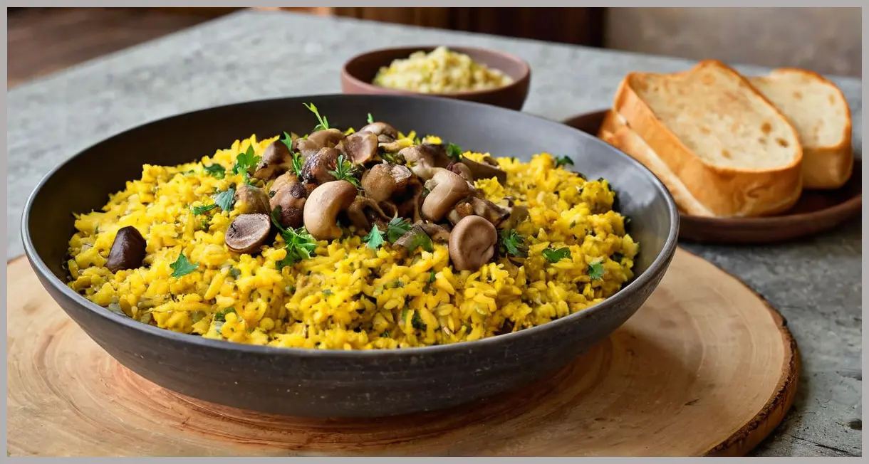 Dutch angle shot of a communal platter of Mushroom and truffle khichadi, garnished with truffle and coriander, served with naan and salad.