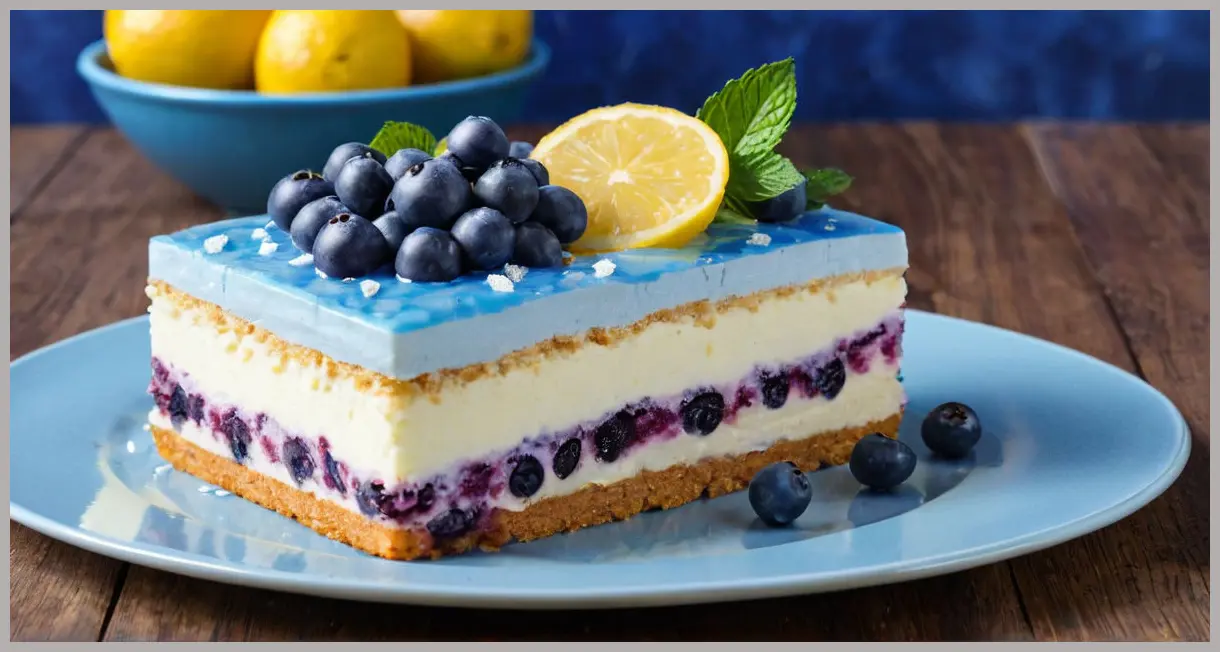 Side profile of a frozen lemon and blueberry mousse cake with lemon glaze drizzle, under cool blue lighting, garnished with blueberries and mint leaves.