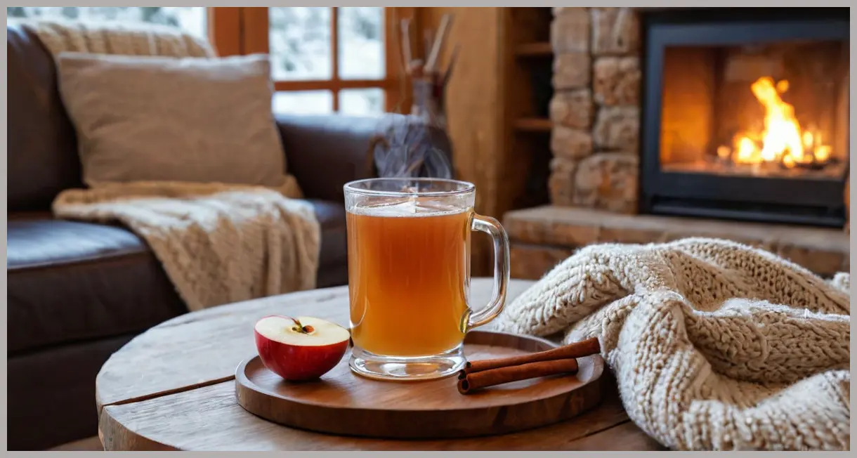 A wide shot of a cozy living room featuring a steaming glass of mulled chai cider on a rustic coffee table, with a glowing fireplace and blanket in background.