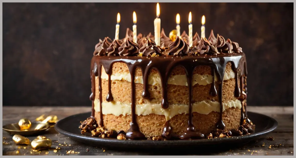 Extreme close-up of gluten-free birthday cake sponge with melted chocolate and edible glitter under candlelight glow. Gluten-free birthday cake sponge