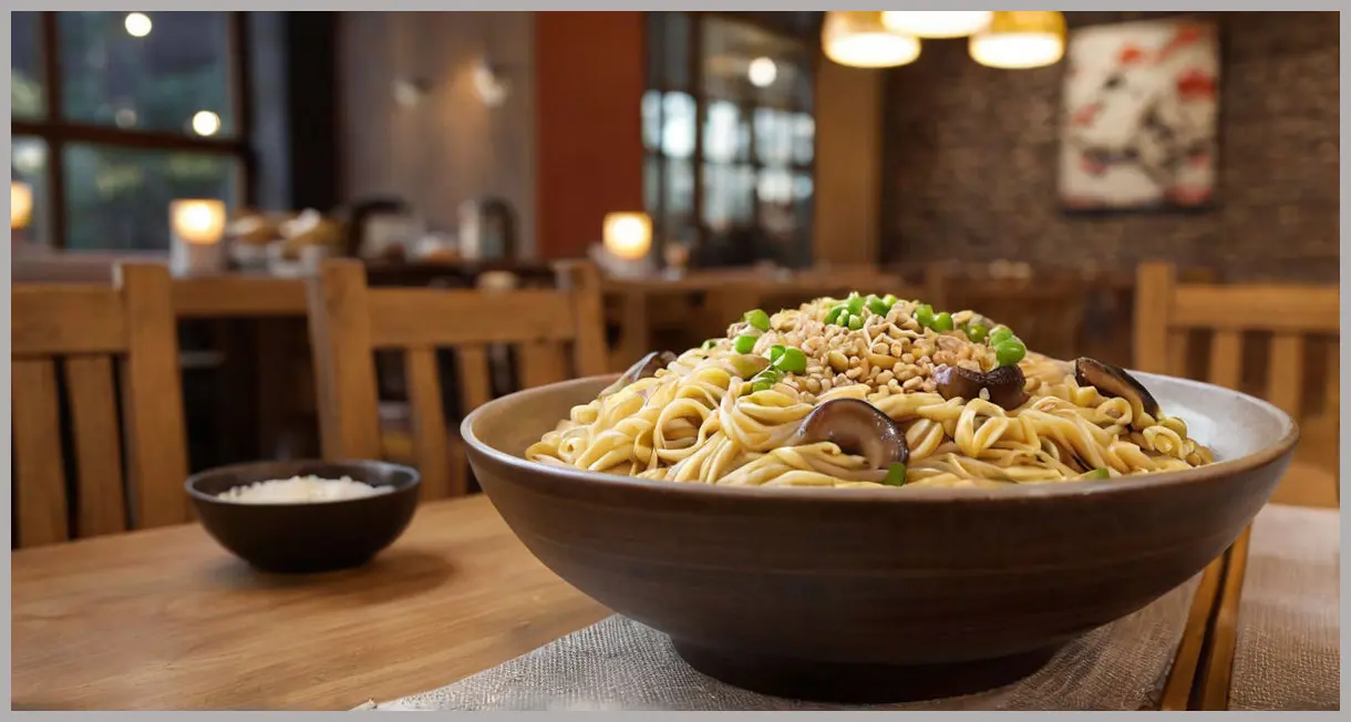 A wide shot of a ceramic bowl filled with Chinese noodles with mushrooms, garnished with spring onions, in a cozy restaurant setting. Chinese noodles with mushrooms