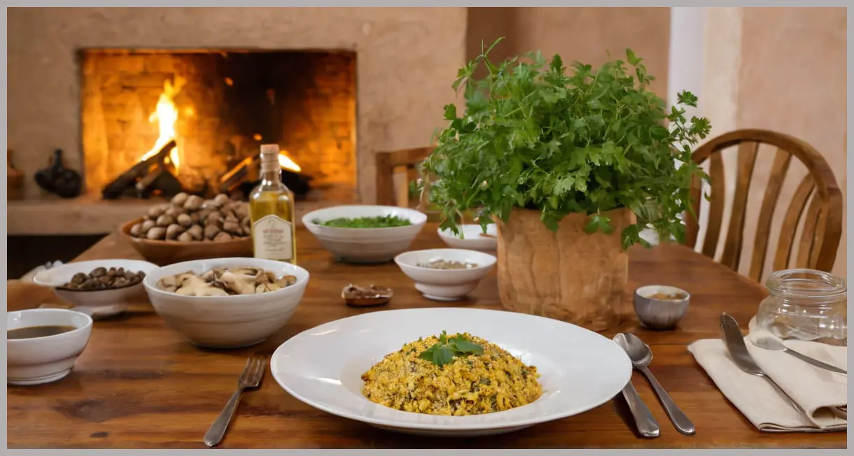 Wide shot of a cozy dining table set with bowls of Mushroom and truffle khichadi, warm lighting, rustic wood, and linen napkins.