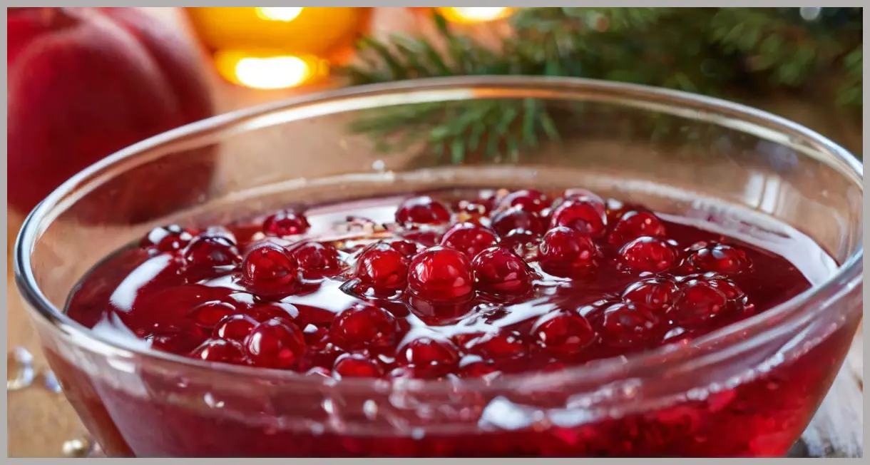 A single cranberry in vodka-infused cranberry sauce, macro shot with warm backlighting, citrus zest particles visible.