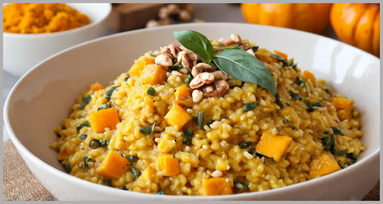 A close-up of vegan butternut squash risotto with millet, lifted on a spoon, showcasing creamy texture and golden hazelnut garnish.