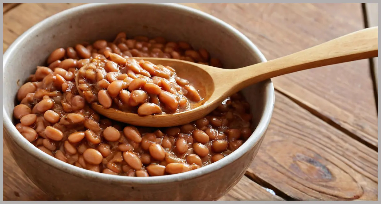 Close-up of a wooden spoon lifting creamy Prebranac (caramelised-onion baked beans), glistening caramelised onions, golden crust, rustic wooden background. Late afternoon ambiance.
