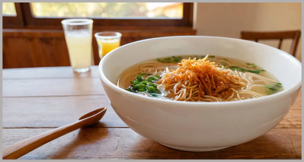 A bowl of pho topped with crispy shallots on a wooden table, glowing in golden hour light. Crispy shallots