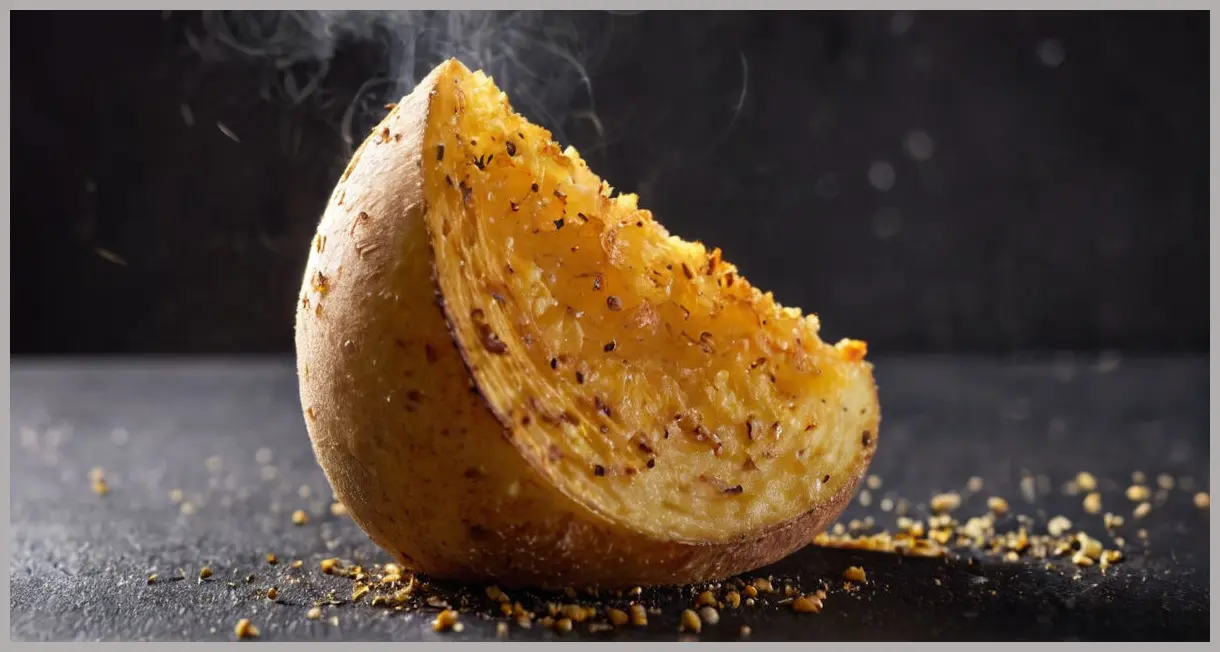 Extreme close-up of a single air fryer potato wedge at 45 degrees, golden crispy edge, fluffy interior, glistening oil, and smoked paprika flecks against a dark background. Air fryer potato wedges