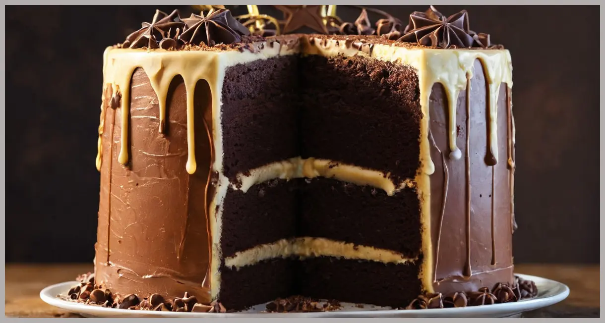 Macro cross-section of Chocolate Celebration Layer Cake, detailed sponge crumb, butter icing, ganache, golden sugar sparkle, warm backlighting, indulgent close-up.