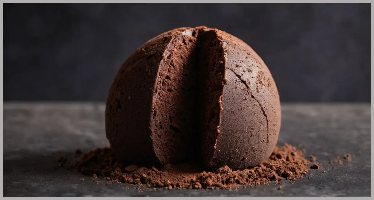 A cut-in-half vegan chocolate truffle revealing silky ganache, dramatically lit for a moody, decadent effect. Paul A Young’s vegan chocolate truffles