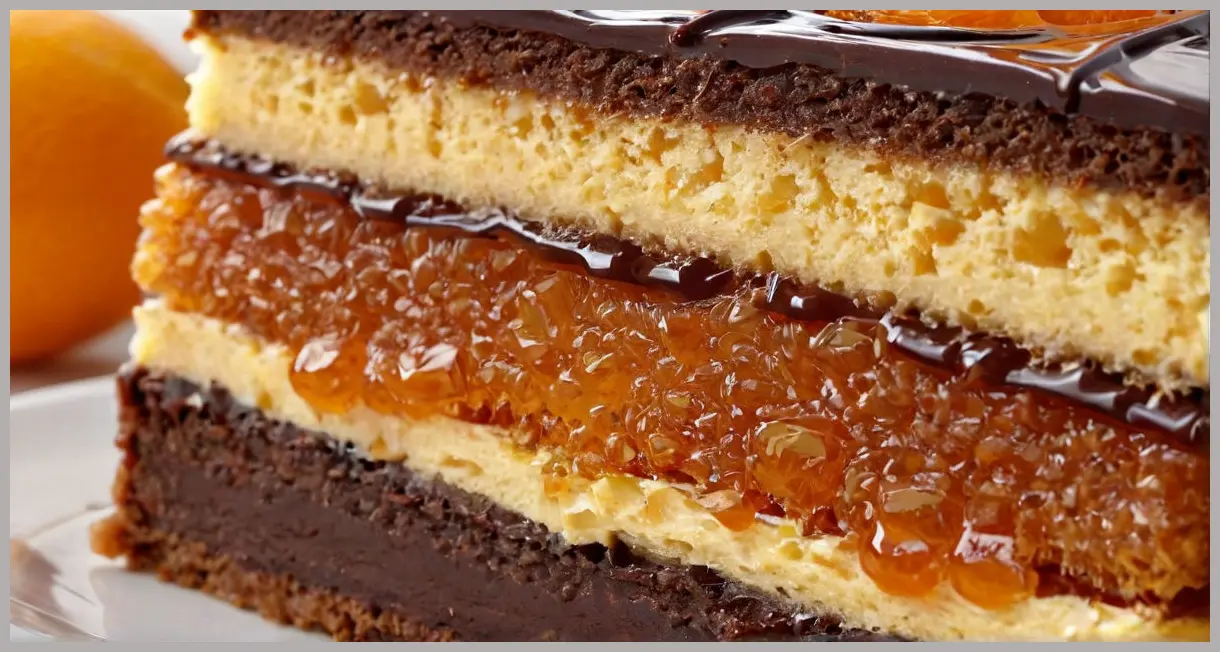 Extreme close-up of a Giant Jaffa Cake slice, backlit amber light revealing sponge, translucent jelly with zest, and obsidian-like chocolate.