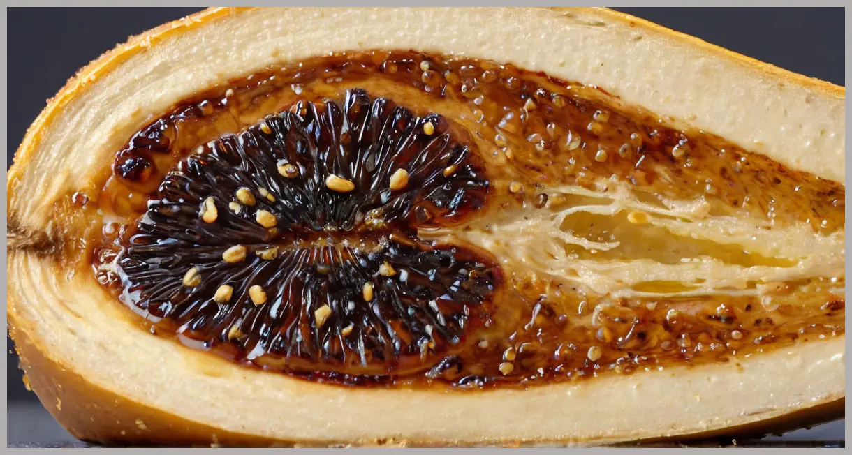 Extreme close-up of a Marmite parsnip cross-section, poppy seeds embedded in glaze, crispy and tender textures. Marmite parsnips with poppy seeds