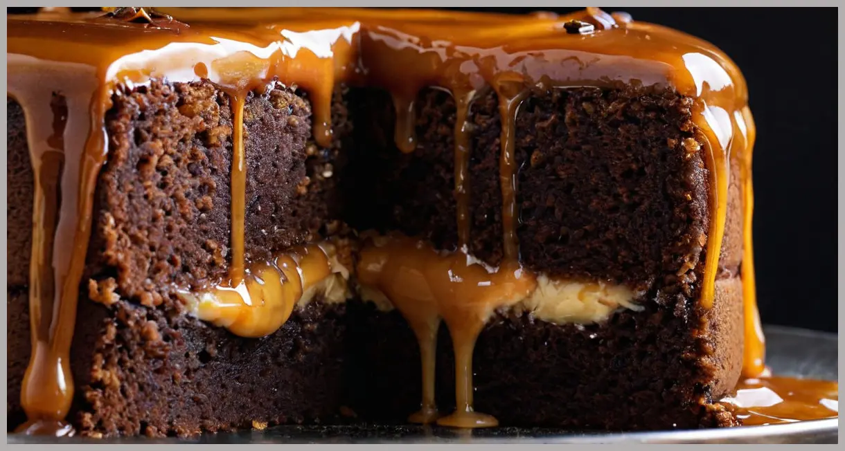 Extreme close-up of a sticky toffee pudding cake cross-section, caramel filling in moody low-key light. Sticky toffee pudding cake