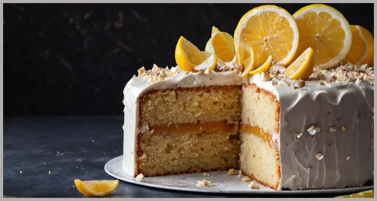 A sliced Sugarplum fairy cake in macro, exposing marzipan, buttercream layers, and caramel shards, dramatically lit for texture emphasis.