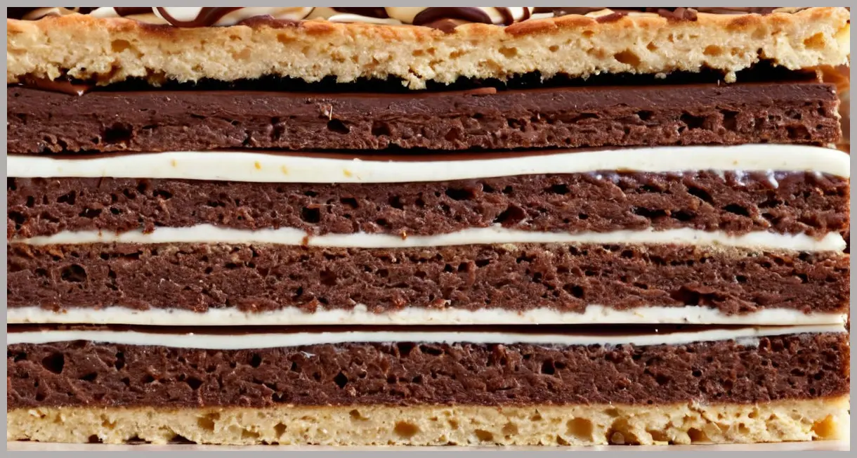 Extreme close-up of a Tunnock’s teacake traybake cross-section, revealing its buttery biscuit, golden meringue, and dark chocolate layers under softbox lighting.
