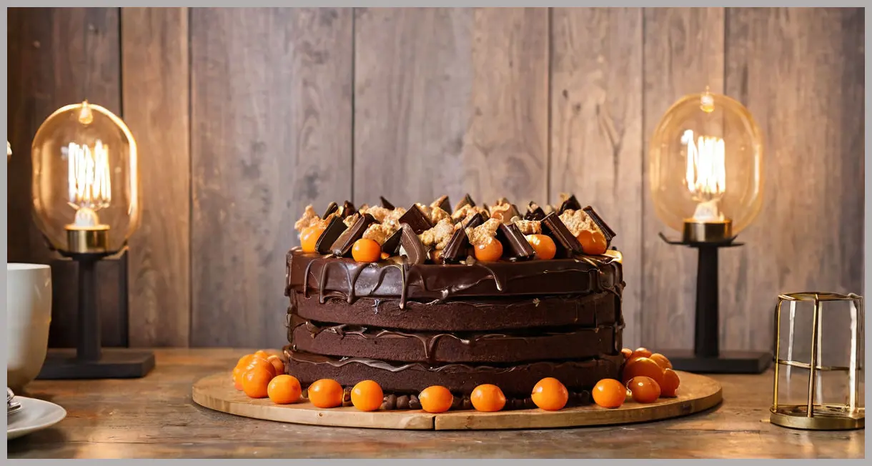 Ultra-wide shot of a Daim bar layer cake as a centerpiece on a dessert table with warm Edison bulb lighting. Daim bar layer cake