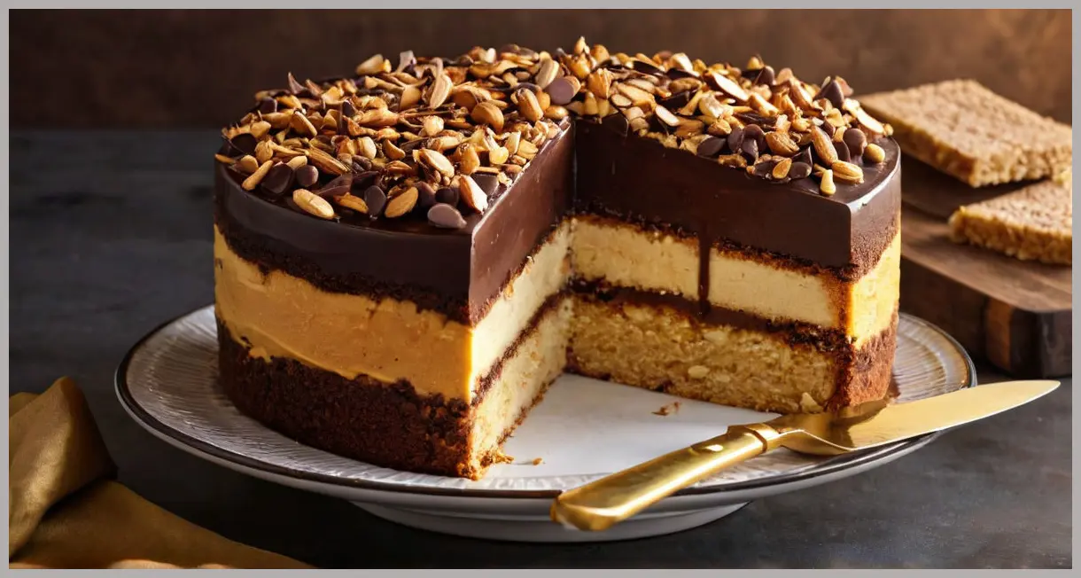 Dynamic Dutch-angle shot of a Daim bar layer cake being sliced, with stretching caramel and golden-hour lighting. Daim bar layer cake