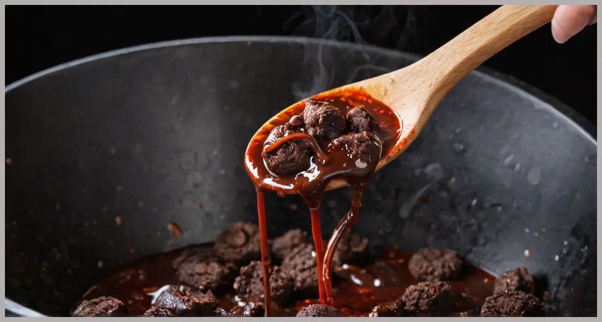 Close-up of a wooden spoon lifting smoky vegan chilli with dark chocolate swirls, glossy sauce dripping. Moody lighting. Smoky vegan chilli