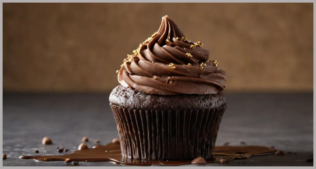A close-up of a freshly baked chocolate cupcake with glossy ganache, golden edges, and velvety texture under soft studio light. Chocolate cupcakes