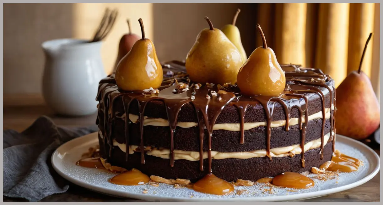 Ultra-detailed close-up of chocolate cake with caramel poached pears and chocolate buttercream, bathed in golden hour light, glossy swirls and caramel drizzles.