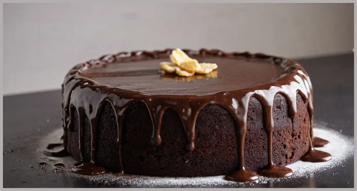 Ultra close-up of a freshly baked Easy flourless chocolate cake with crisp crust and fudgy center, steam rising, dusted with powdered sugar under soft studio light.