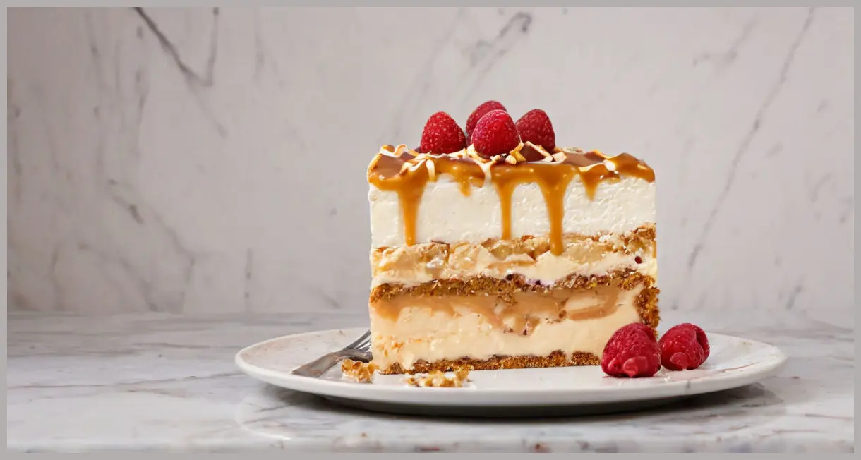 Toffee ice-cream cake slice in close-up, golden honeycomb shards, vanilla layers, dulce de leche drizzle, and raspberries on marble. Ultra-HDR detail.