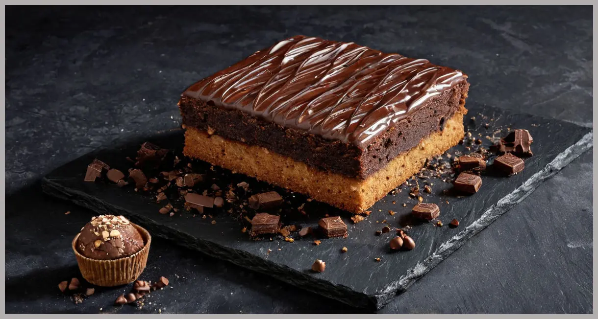 Dutch angle shot of a half-eaten Tunnock’s teacake traybake square on dark slate, with crumbs and glistening melted chocolate under moody low-key lighting.