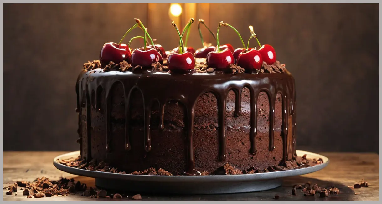 A three-layer vegan chocolate cake with glossy ganache, cocoa buttercream, and cherry jam, captured in soft studio light. Vegan chocolate cake
