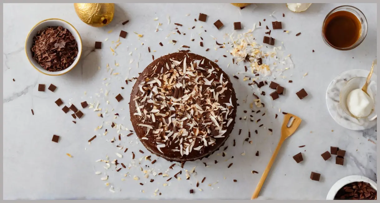 Overhead deconstructed coconut cake with shredded coconut, chocolate shavings, and sugar on marble. Easy coconut and chocolate cake