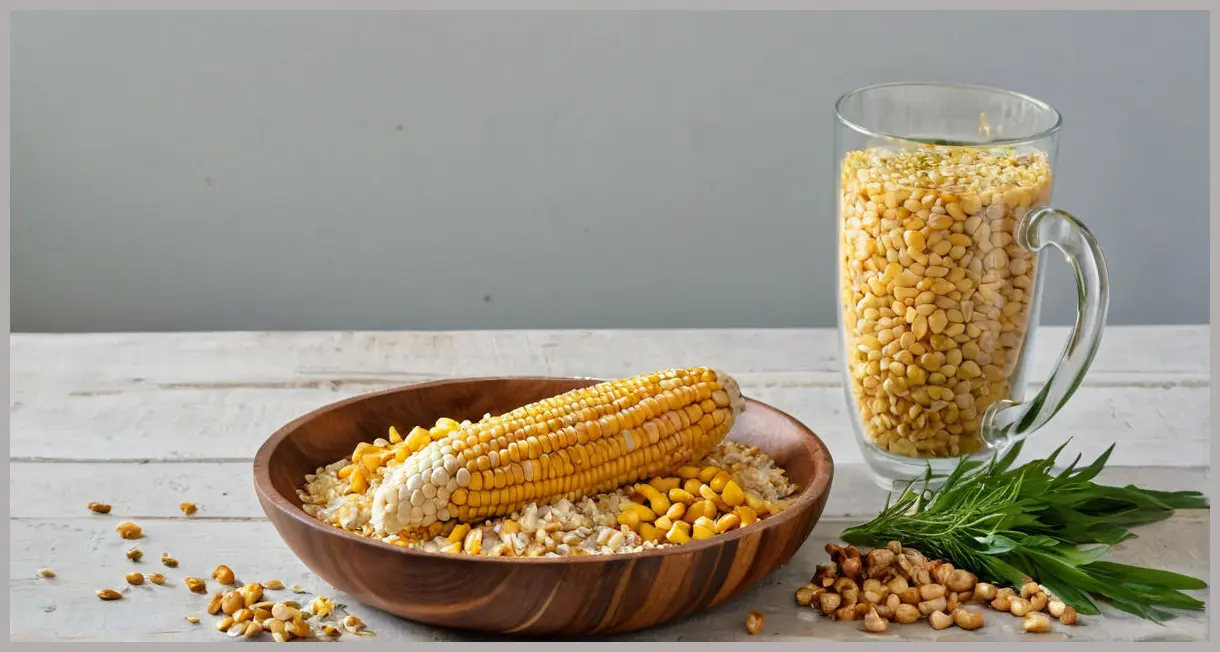 Corn on the cob peanut curry deconstructed on a platter, dutch angle shot, cool side lighting, crushed peanuts, coconut milk, and fresh herbs.