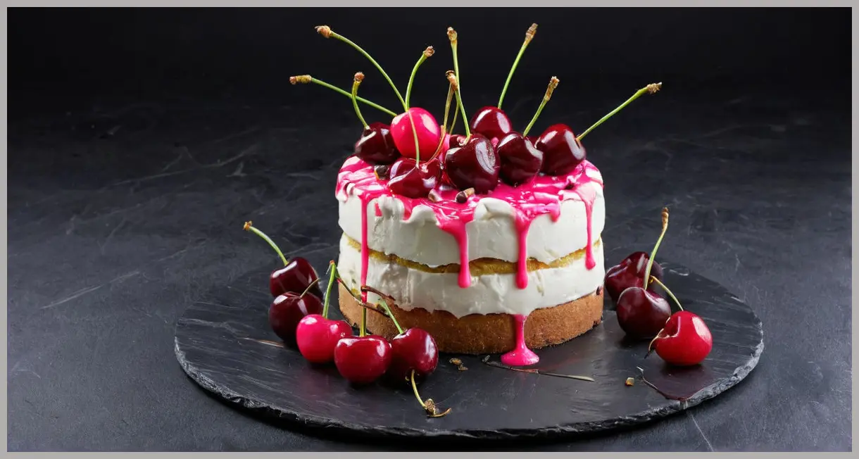 Dutch angle shot of a deconstructed White Forest Gateau, neon-lit cherries and mascarpone on black slate. White forest gateau