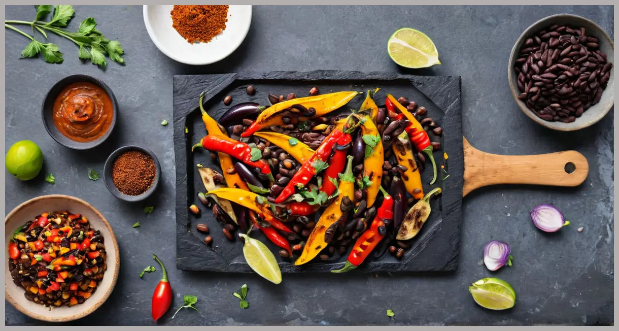 Overhead flat lay of deconstructed smoky vegan chilli ingredients arranged symmetrically. Bright daylight, vibrant colors. Smoky vegan chilli