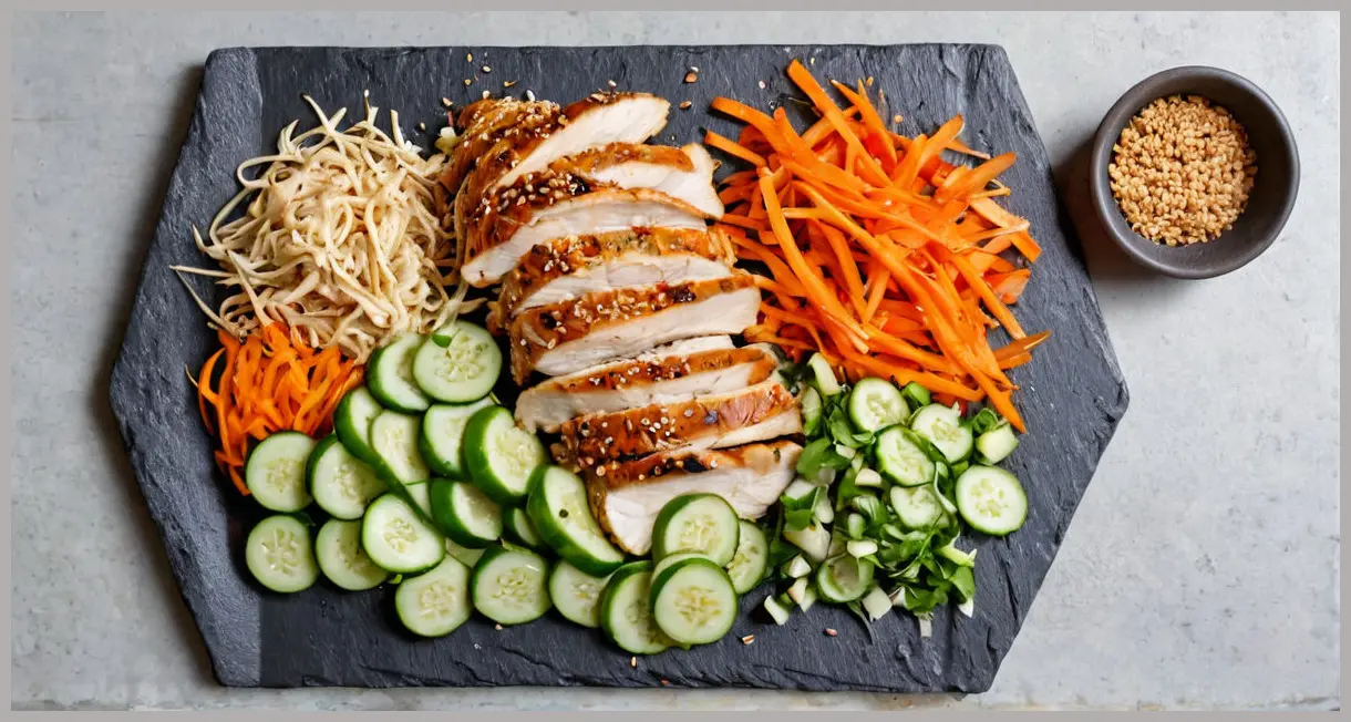 Overhead shot of a deconstructed soy-glazed chicken salad on slate, with ingredients in neat piles and glazed chicken strips at the center.