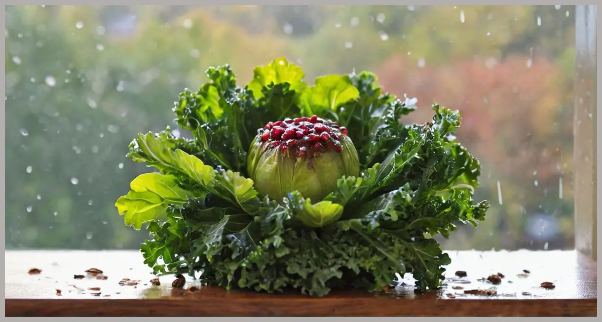 Extreme close-up of a burst cranberry on a roasted Brussels sprout with kale in soft morning light. Roast sprouts, cranberries and kale