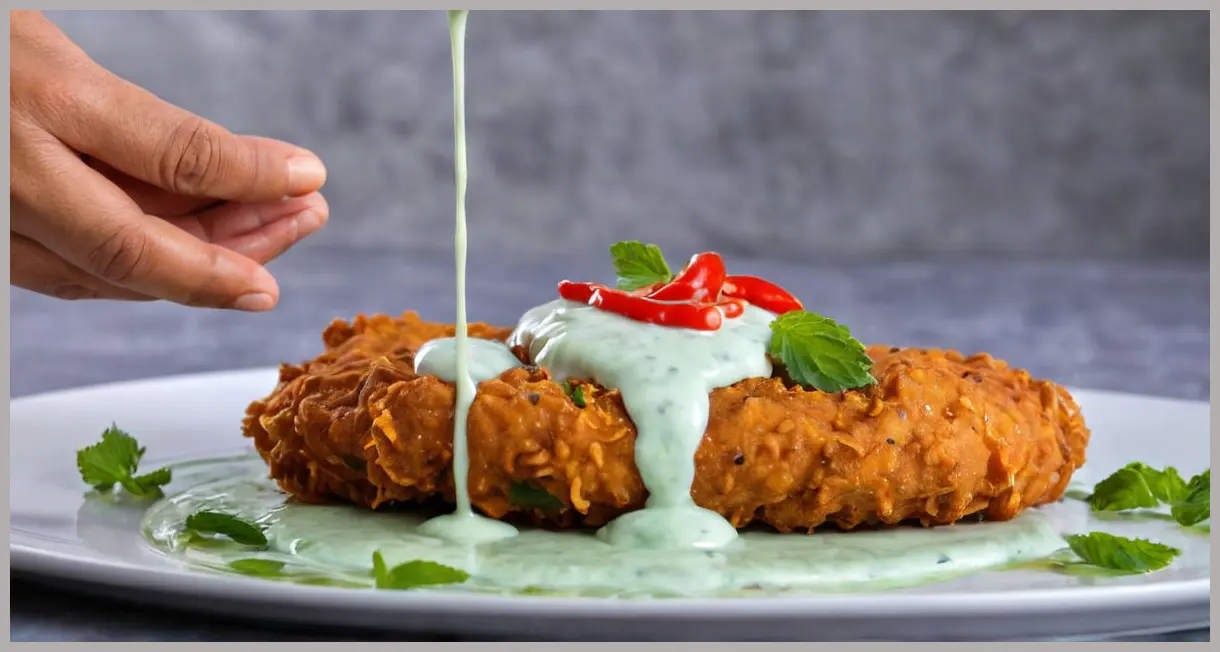 Side-angle of Jodhpuri mirchi vada dipped in mint yogurt sauce, sauce dripping slowly, high contrast. Jodhpuri mirchi vada (spiced chilli fritters)