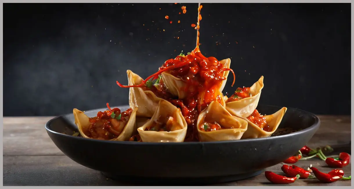 A wonton being dipped into chilli-garlic sauce, captured mid-motion with splashing sauce and dramatic side lighting. Poached wontons in chilli-garlic sauce