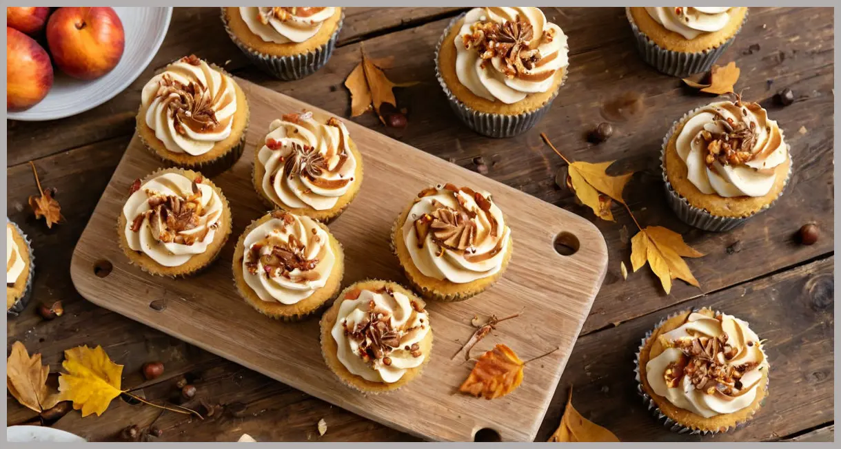 Twelve Sugarplum fairy cakes arranged on wood, topped with caramel shards and buttercream, golden hour glow, artisanal and inviting.