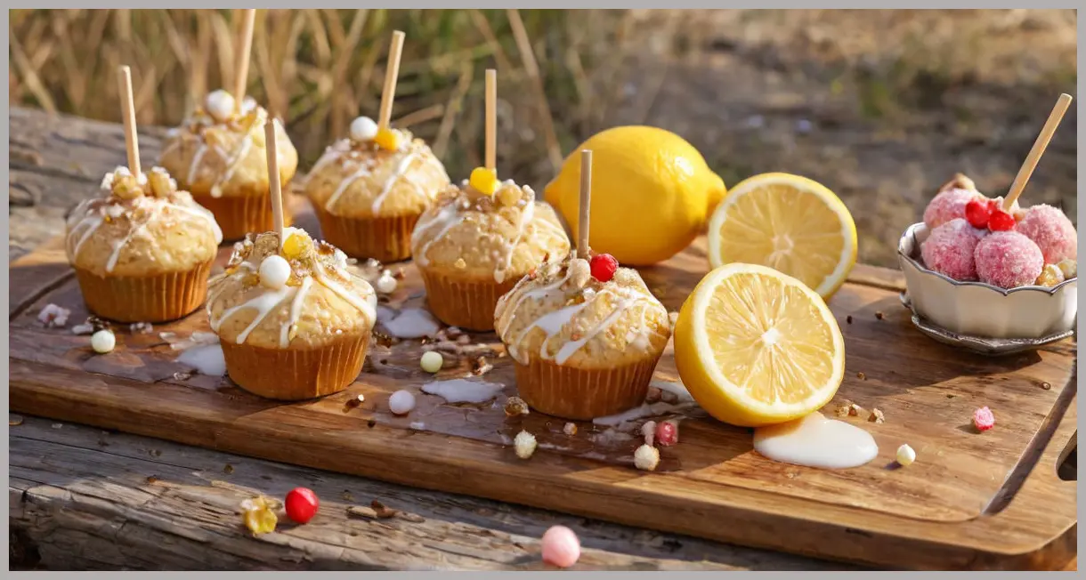 Twelve Pop Cakes on a wooden platter, their lemon icing cracked to show honey cores, with popping candy and sugar strands. Pop cakes