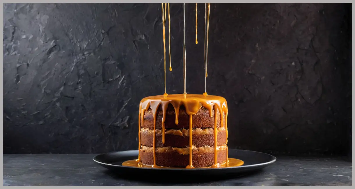 Apple caramel layer cake in a Dutch angle shot, neon glow lighting, caramel drips frozen mid-fall, dark slate platter, high-contrast shadows, intense and moody atmosphere.