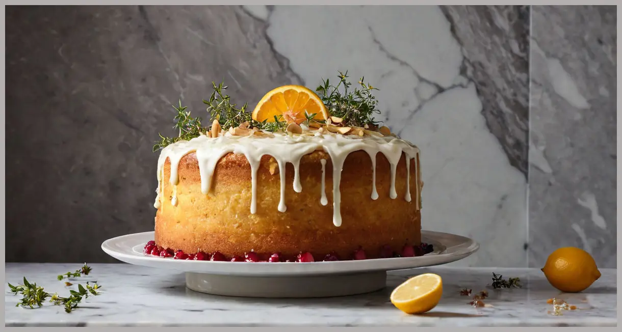 Low-angle shot of a towering orange blossom, lemon thyme and almond cake on marble, syrup cascading, thyme sprigs, dramatic chiaroscuro lighting.