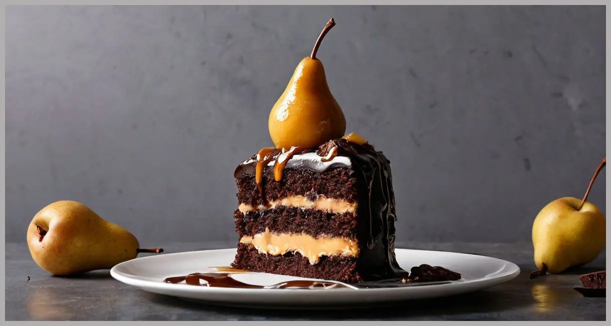 Dutch angle shot of chocolate cake with caramel poached pears and chocolate buttercream, half-eaten slice with caramel mid-drip, dramatic side lighting and deep shadows.