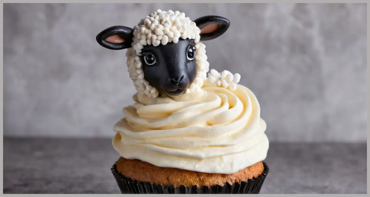 Spring lamb cupcakes in extreme close-up, one sugarpaste lamb topper with marshmallow wool, dramatic side lighting and glossy buttercream drips.
