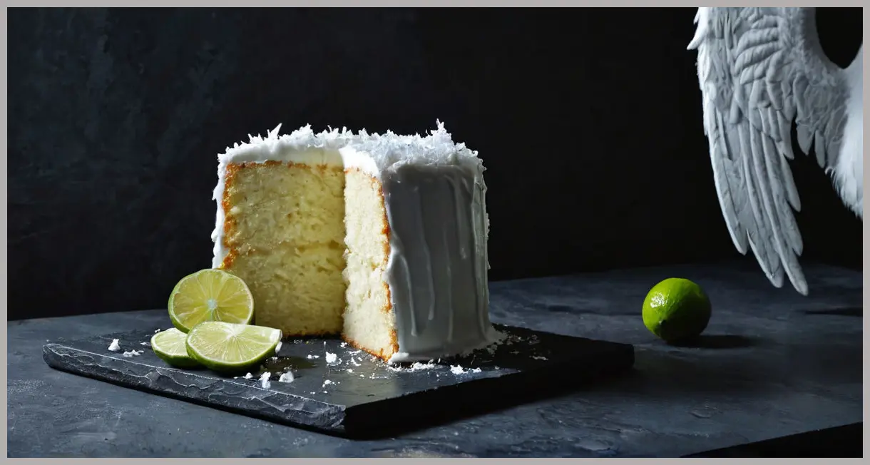 A dutch angle shot of a Coconut and lime angel cake on slate, with moody side lighting, lime glaze, and scattered coconut flakes.