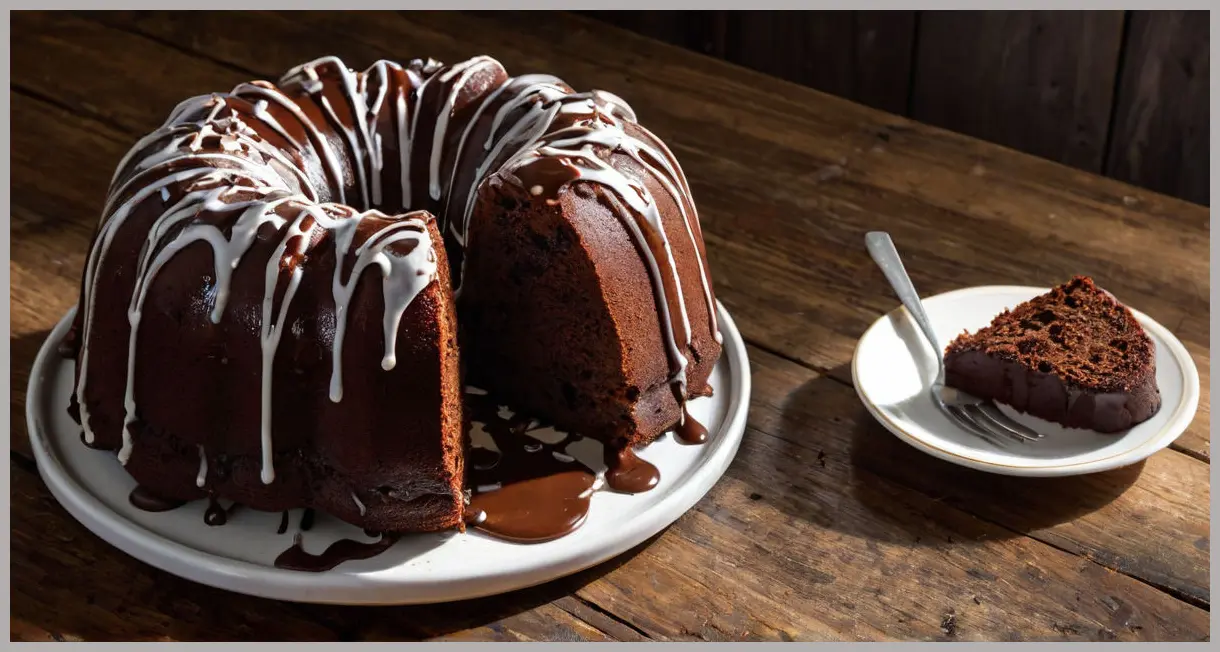 Dutch angle shot of a chocolate bundt cake on rustic wood, dramatic lighting, ganache drips, almond crunch. Secret-ingredient chocolate bundt cake