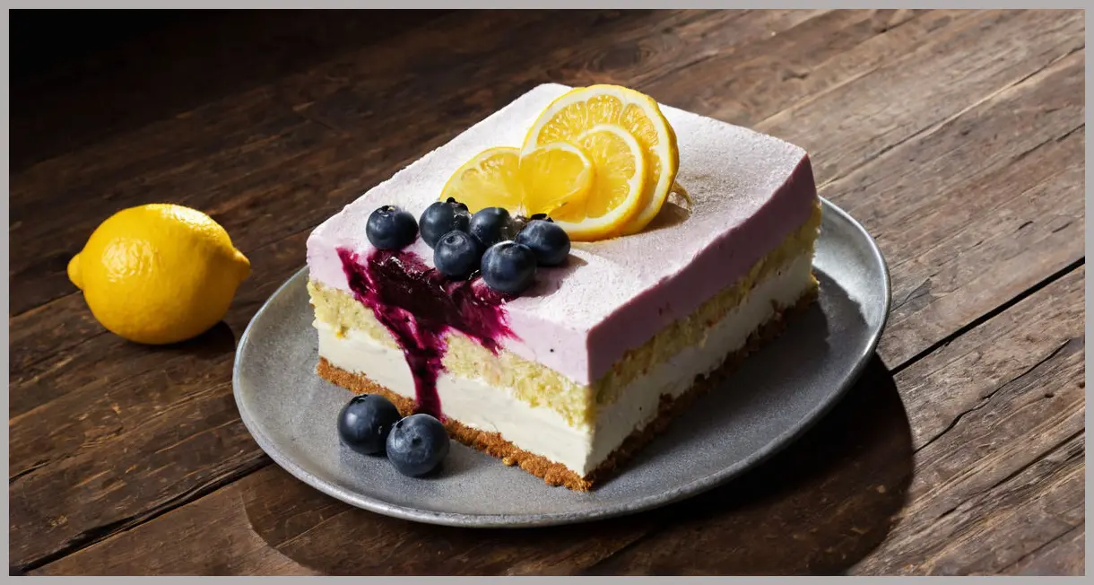A frozen lemon and blueberry mousse cake captured at a dutch angle on a rustic wooden table, with dramatic side lighting and deep shadows highlighting its textures.